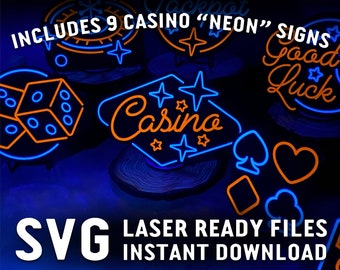 Casino Neon Style Signs SVG Laser cut files for Glowforge Cutter Artwork Vector - Gambling Poker Roulette High Roller Cards Dice Vegas Lucky