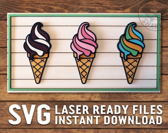 May include: Three ice cream cones with different colored swirls on a white and green striped background. The ice cream cones are black and white, pink and white, and green and blue. The text "SVG LASER READY FILES INSTANT DOWNLOAD" is below the cones.