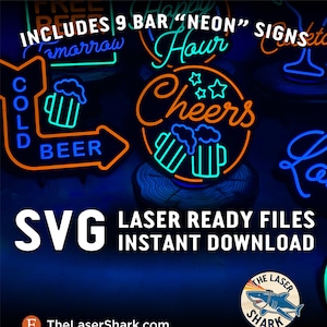 Bar Neon Style Signs SVG File tagliati al laser per Glowforge Cutter Artwork Vector - Beer Lounge Alcohol Happy Hour Vino Cocktail Cheers Drinks