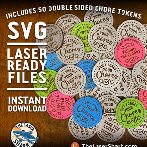 雑用トークンセット SVG レーザーカットファイル Glowforge レーザーカッター用アートワークベクターファイル - 毎日の雑用 子供 ベッドメイキング ゴミ出し 食器洗い 掃除