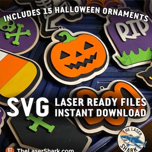 Könnte beinhalten: Ein Set mit 15 Halloween-motivierten SVG-Laserschneidedateien zum Basteln. Die Dateien beinhalten Designs wie einen Kürbis, einen Totenkopf mit Knochen, einen Sarg und einen Grabstein mit dem Text "RIP". Der Text "SVG Laser Ready Files Instant Download" ist ebenfalls auf dem Bild zu sehen.