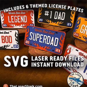 Dad Themed Nummernschilder SVG Laser geschnittene Dateien - Glowforge Laser Cutter Art Vektor - Hot Rod Vaters Legende Dad Bod größter bester Superheld