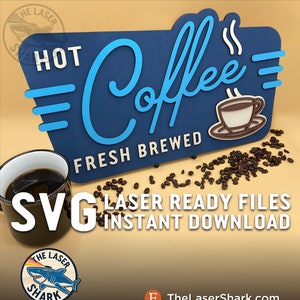 Retro Coffee Sign SVG Archivos cortados con láser para Glowforge Cutter Artwork Vector File Cafeína Vintage Mid Century Modern Barista Hot Fresh Brewed