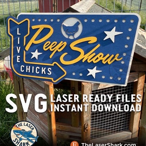 Peep Show Chicken Sign SVG Archivos cortados con láser para Glowforge - Archivo vectorial de arte con cortador láser - Coop Live Chicks Retro Hen House Rooster Sexy