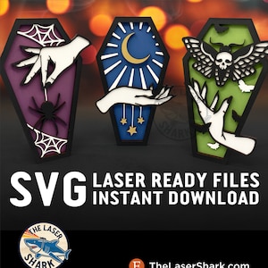 Hexenhand Särge SVG Laser cut Dateien für Glowforge Laser Cutter Kunstwerk - Halloween Totenkopf Motte Spinnennetz Mond Zauber Spooky RIP Boo