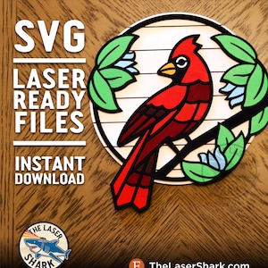Glowforge 用 CARDINAL SVG レーザーカット ファイル - レーザー カッター アートワーク ベクター ファイル - シップラップ バード ウォッチング レイヤード アール ヌーボー デコ 幾何学 赤
