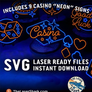 Kasino Neon Style Schilder SVG Laser geschnittene Dateien für Glowforge Cutter Kunstwerk Vektor - Glücksspiel Poker Roulett High Roller Karten Würfel Vegas Lucky