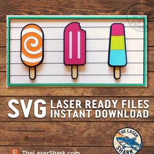 May include: Three popsicle SVG cut files, a swirl lollipop, a pink popsicle with two white stripes, and a blue popsicle with yellow and pink stripes.  The files are laser ready and available for instant download.  TheLaserShark.com