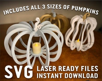 May include: Three white wooden pumpkin candle holders in different sizes. The pumpkins are made of laser-cut wood and have a delicate, intricate design. The text "INCLUDES ALL 3 SIZES OF PUMPKINS" is at the top of the image. The text "SVG LASER READY FILES INSTANT DOWNLOAD" is at the bottom of the image. The text "TheLaserShark.com" is in the bottom left corner of the image. A logo for "The Laser Shark" is in the bottom right corner of the image.