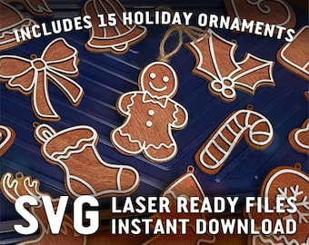 Gingerbread Christmas Ornaments SVG Laser cut files for Glowforge - Laser Cutter Artwork Vector File - Layered Santa Baking Tree Xmas Sleigh