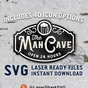 Man Cave Sign SVG Archivos cortados con láser para Glowforge - Archivo vectorial de arte con cortador láser - Día del Padre Papá Den Sign Icon Set Garage Basement Guy