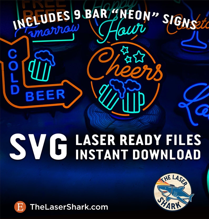 Bar Neon Style Signs SVG Laser cut files for Glowforge Cutter Artwork Vector - Beer Lounge Alcohol Happy Hour Wine Cocktails Cheers Drinks 