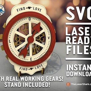 Love Compass & Stand - Archivos cortados con láser SVG Glowforge Laser Cutter Artwork - Buscar Cupido Spin Gears Arrows Valentine's Day Moving Bow Arrow XO