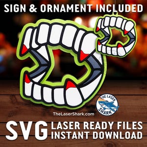 Vampiertanden Halloween-bord & ornament - SVG lasergesneden bestanden Glowforge Laser Cutter Artwork Spookachtig leuk schattig vintage kostuumfeest oktober