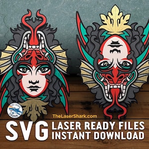 Draaiende demon/beauty-kunstwerk - SVG lasergesneden bestanden Glowforge lasersnijder - tattoo-spiegel gezicht traditionele kunst