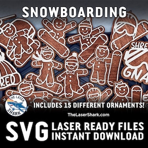 Décorations de Noël en pain d'épice sur le thème du snowboard - fichiers SVG découpés au laser - planche Glowforge Shred Gnar Ride Lift Jump Downhill Mountain Rip