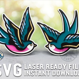 Pliki SVG z tatuażem w stylu jaskółek do cięcia laserowego Glowforge Laser Cutter Artwork - American Traditional Ink Sparrow Bird Freedom Layered Bold