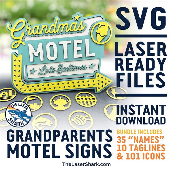 Grandparent's Motel Sign Set Customizable SVG Laser cut files - Glowforge Cutter Artwork Grandma Grandpa Nana Papa Vintage Retro Midcentury