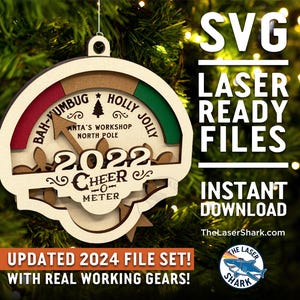 CHEER-O-METER Ornament SVG 2024 Laserschnitt Dateien für Glowforge Laser - Weihnachtsferien Spirit Zahnräder Bewegen Holly Jolly Bah Humbug Santa