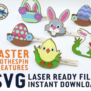 May include: A set of five Easter-themed clothespin creatures, including a bunny, chick, basket, and two eggs. The creatures are made of wood and are ready to be assembled. The text "Easter Clothespin Creatures" and "SVG Laser Ready Files Instant Download" is displayed on the image.