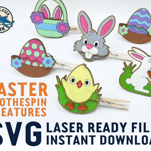 Easter Themed Clothespin Creatures SVG Laser cut files for Glowforge - Artwork Vector File Bunny Rabbit Chick Hatch Egg Spring Sunday Pastel