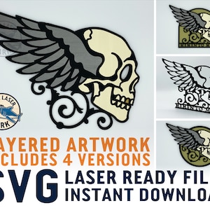 MEMENTO MORI Schädel & Flügel Art SVG Laser cut Dateien für Glowforge - Laser Cutter Vektor Datei - Man Cave Tattoo Knochen Tod Sensenmann Muertos