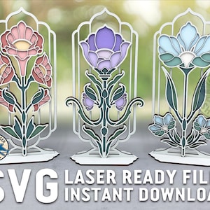 Art Deco Flowers SVG Laser cut fichiers pour Glowforge Laser Cutter Artwork - Style Beautiful Classic Floral Nouveau Growing Decor Spring Pastel
