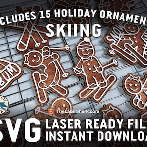 May include: A set of 15 laser-cut wooden ornaments featuring a skiing theme. The ornaments are brown with white details and include skiers, snowmen, and ski-themed words like "Ski Bum". The text "INCLUDES 15 HOLIDAY ORNAMENTS" and "SKIING" is visible at the top of the image. The text "SVG LASER READY FILES INSTANT DOWNLOAD" is visible at the bottom of the image.