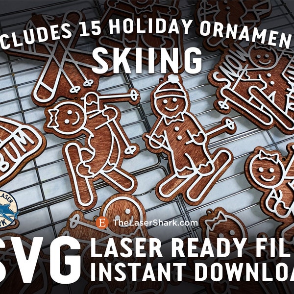 Skiing Themed Holiday Gingerbread Christmas Ornaments - SVG Laser cut files for Glowforge Ski Snow Sled Downhill Mountain Jump Lodge Bum