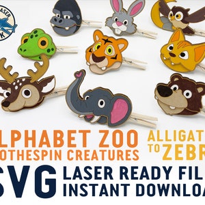 May include: A set of 10 colorful animal clothespin puppets, including an alligator, bear, bunny, deer, elephant, frog, owl, tiger, and a gorilla. The puppets are designed for children's crafts and activities. The text "Alphabet Zoo Alligator to Zebra ClothesPin Creatures SVG Laser Ready Files Instant Download" is displayed at the bottom of the image.