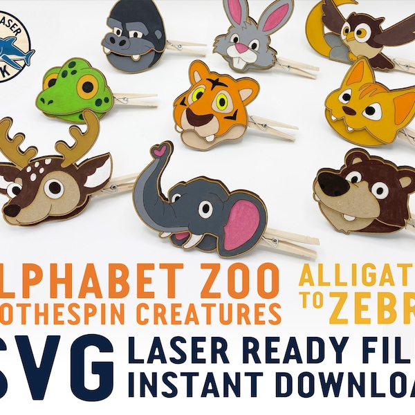 Alphabet Zoo Wäscheklammer Kreaturen SVG Laser geschnittene Dateien für Glowforge - Artwork Vektor Datei - Alligator Zebra Vorschule ABCs Alphabet Puppet