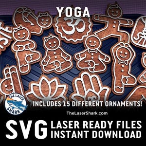 Yoga Lebkuchen Weihnachtsschmuck - SVG Laserschnittdateien - Glowforge Namaste Pose Stretch Downward Hund Krieger Work-out Studio-Leben