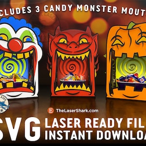 Monster Mouths Candy Displays - SVG Lasergesneden bestanden voor Glowforge Laser Cutter Artwork - Clown Devil Pumpkin Halloween Trick Treat Funhouse