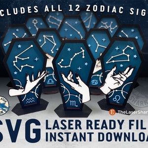 ZODIAC Hand Coffins - 12 file SVG tagliati al laser per Glowforge Laser Cutter Artwork - Astrologia Costellazioni Stelle Grafico Segni Elemento Destino