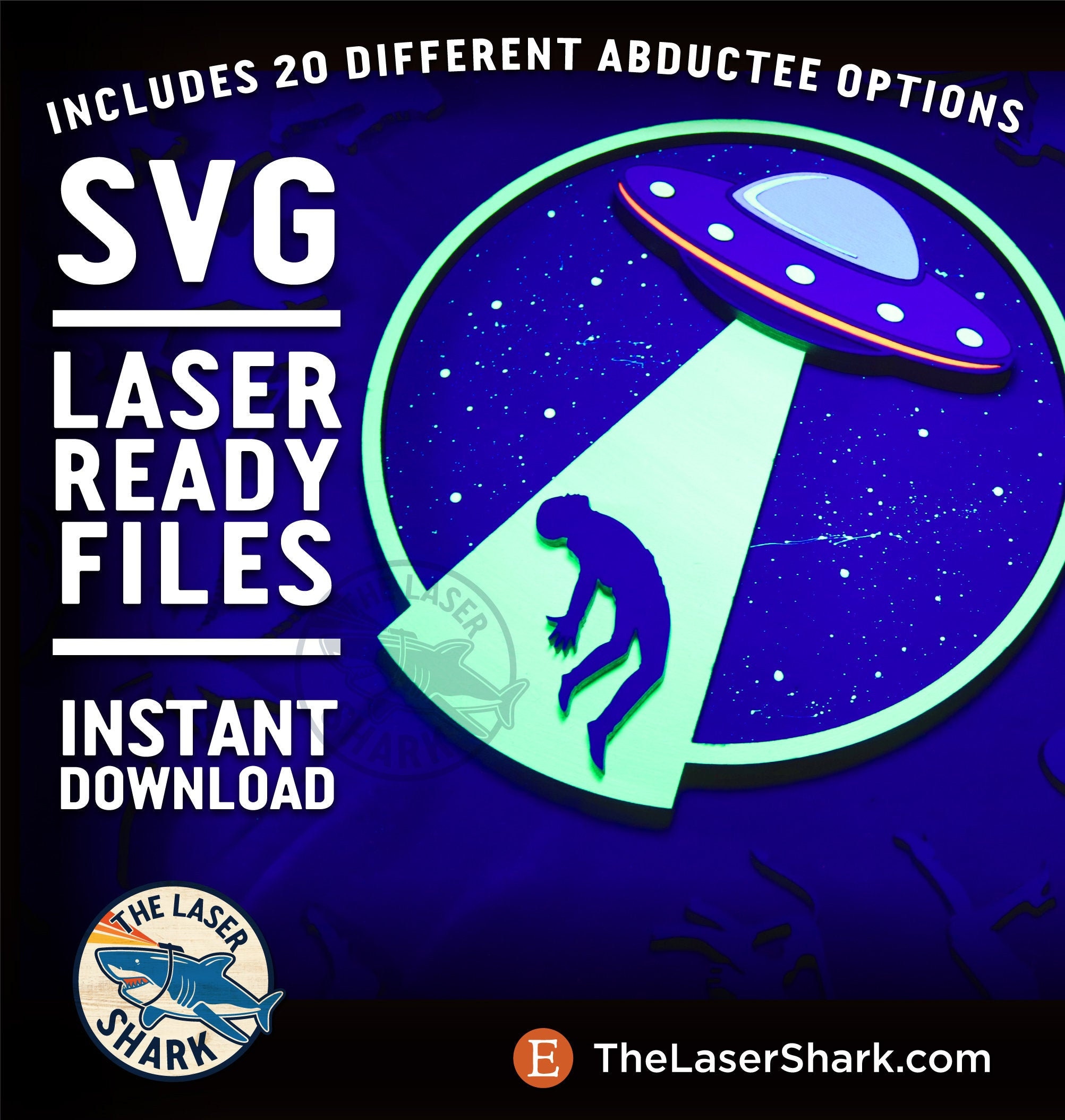 UFO Abduction SVG Laser cut files for Glowforge - Laser Cutter Artwork Vector File - Glow in the Dark Alien Black Light Space Flying Saucer