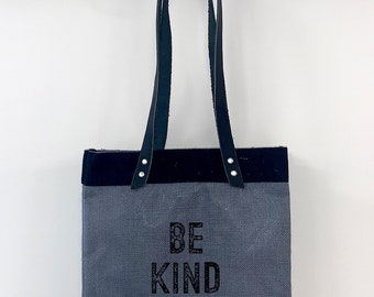 Be Kind burlap grey tote bag
