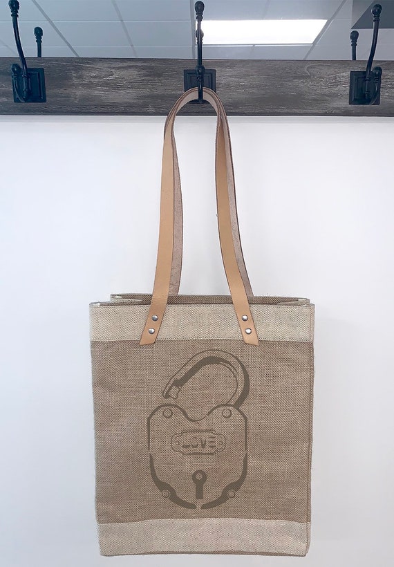Love Lock Burlap Tote Bag With Leather Straps 