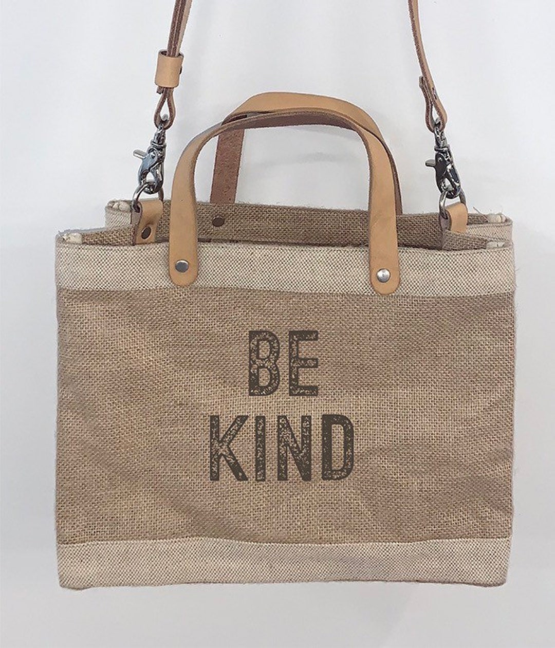 Be Kind Burlap Small Tote Bag With Leather Straps - Etsy