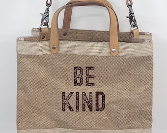 Be Kind レザーストラップ付き小型天然黄麻布トートバッグ