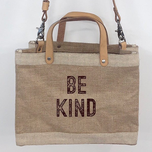 Be Kind small natural burlap tote bag with leather straps