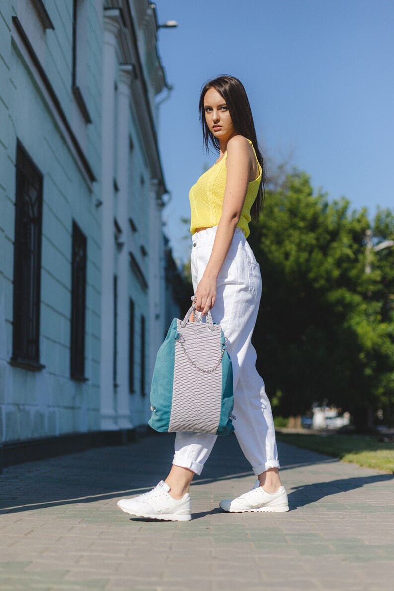Mini canvas rucksack for women Small sport gym backpack Light city drawstring backpack in turquoise Active travel tiny cinch sack