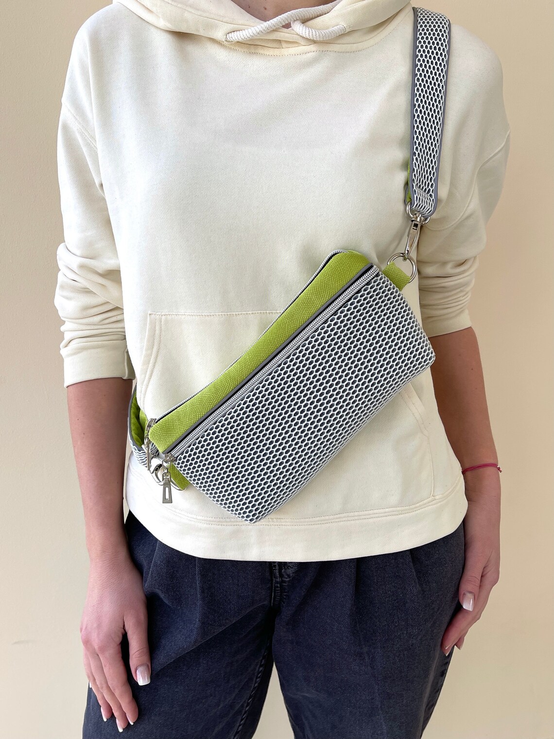 Sport fanny pack with reflective piping Lime green mesh Etsy