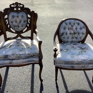Mid Century Vintage Chairs With Carved Oak Wood Frames- Set of 2