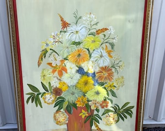 Vintage Mid Century  Floral Still Life Oil Painting, Framed