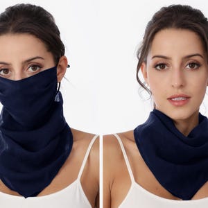 100% Mulberry Silk Mask Scarf with Filter Pocket, Breathable Silk Neck Scarf with Ear Loops, Lightweight Silk Face Covering/Bandana/Headband Navy