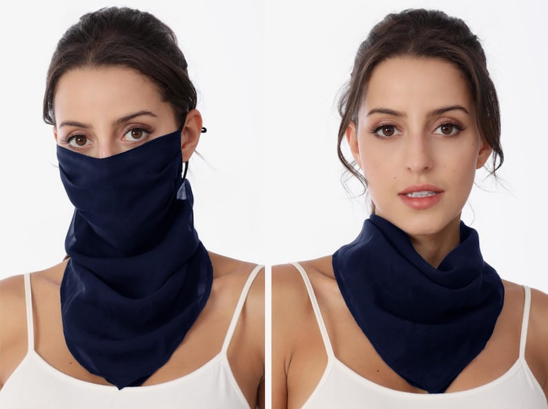 100% Mulberry Silk Mask Scarf with Filter Pocket, Breathable Silk Neck Scarf with Ear Loops, Lightweight Silk Face Covering/Bandana/Headband Navy
