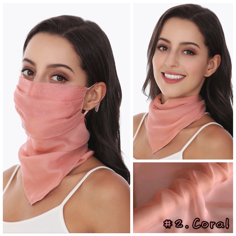 100% Mulberry Silk Mask Scarf with Filter Pocket, Breathable Silk Neck Scarf with Ear Loops, Lightweight Silk Face Covering/Bandana/Headband Coral