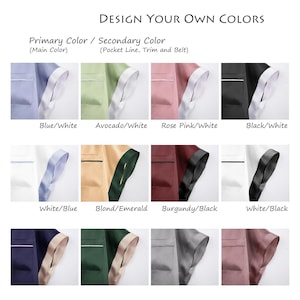 May include: A color chart titled DESIGN YOUR OWN COLORS displaying twelve fabric swatches with varying primary and secondary color combinations for pocket lines, trims, and belts, including blue, avocado, rose pink, black, white, blond, and burgundy.