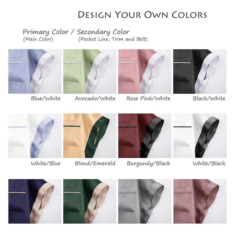 May include: A color chart titled DESIGN YOUR OWN COLORS displaying twelve fabric swatches with varying primary and secondary color combinations for pocket lines, trims, and belts, including blue, avocado, rose pink, black, white, blond, and burgundy.