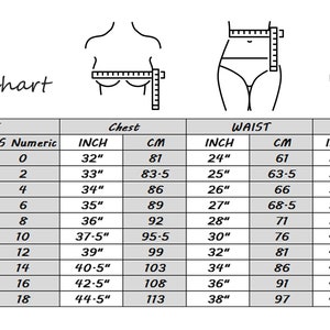 May include: A black and white size chart featuring illustrations of a torso with measuring tapes around the chest, waist, and hips. The table lists US letter and numeric sizes alongside corresponding measurements in inches and centimeters for each area.